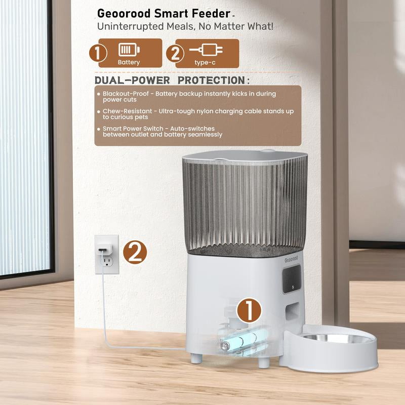 【Geoorood】5L Stainless Steel Automatic Cat Feeder, APP Remote Control, 2.4Ghz Wifi Only, Programmable Feeding for Dog and Cat