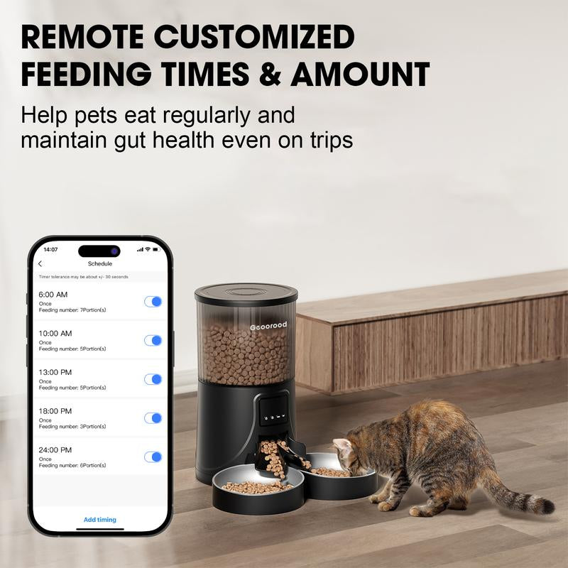 Geoorood Automatic Cat Feeder with Camera, 1080P HD Video, 2.4G Wifi Smart Pet Feeder with One-Way Audio, 4L Large Capacity, Dual Bowl Design for Cats and Small/Medium Dogs