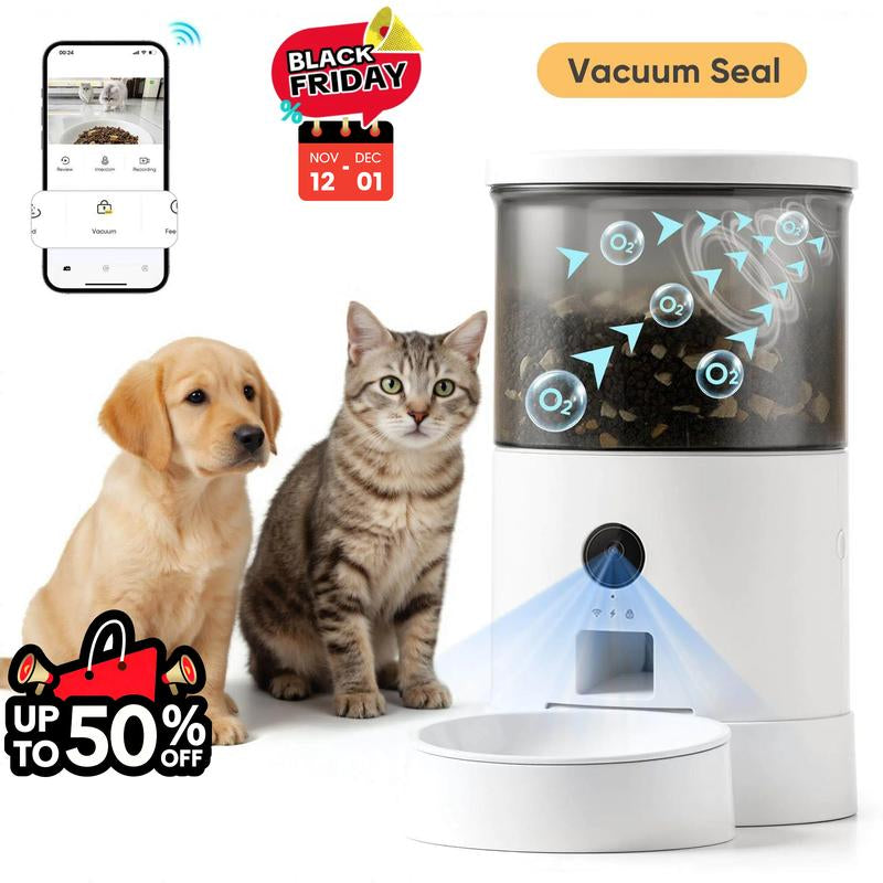 Warcat Smart Vacuum Pet Feeder with Camera, 4.5L Automatic Cat Feeder with Night Vision, 2.4G Wifi Dog Feeder with 2-Way Audio, Timed Feeding & APP Control, Dual Power Supply, Jam-Proof Dry Food Dispenser for Cats & Small Dogs Tiktokshopblackfriday