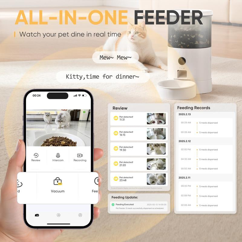 Warcat Smart Vacuum Pet Feeder with Camera, 4.5L Automatic Cat Feeder with Night Vision, 2.4G Wifi Dog Feeder with 2-Way Audio, Timed Feeding & APP Control, Dual Power Supply, Jam-Proof Dry Food Dispenser for Cats & Small Dogs Tiktokshopblackfriday