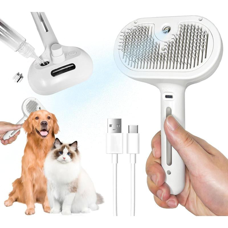 Petsteam 3-In-1 Pet Steam Brush for Shedding & Grooming with 200Mah Battery Water Brush for Cats Dogs Self-Cleaning Comb with Release Button for All Breeds