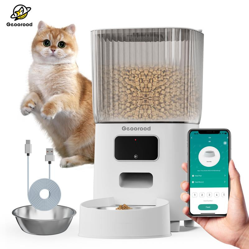 Geoorood Automatic Cat Feeder with Camera, 1080P HD Video, 2.4G Wifi Smart Pet Feeder with One-Way Audio, 4L Large Capacity, Dual Bowl Design for Cats and Small/Medium Dogs