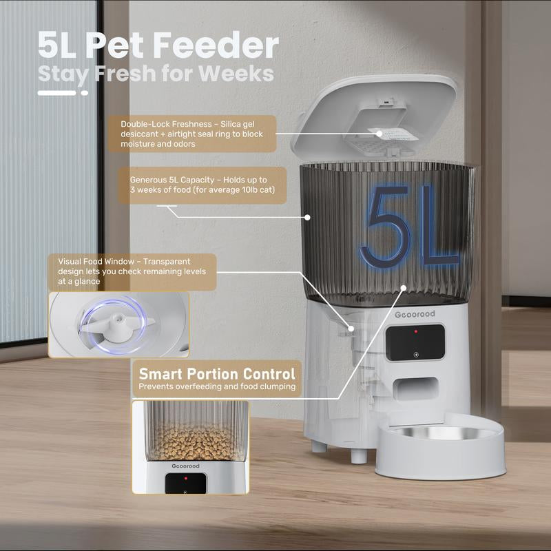 【Geoorood】5L Stainless Steel Automatic Cat Feeder, APP Remote Control, 2.4Ghz Wifi Only, Programmable Feeding for Dog and Cat