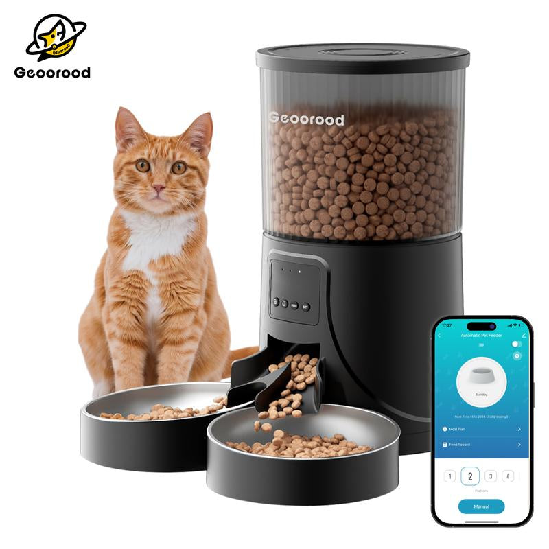 Geoorood Automatic Cat Feeder with Camera, 1080P HD Video, 2.4G Wifi Smart Pet Feeder with One-Way Audio, 4L Large Capacity, Dual Bowl Design for Cats and Small/Medium Dogs