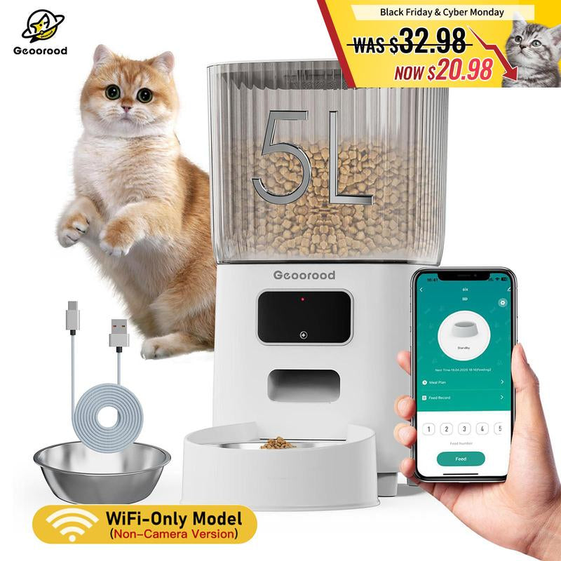 Geoorood Automatic Cat Feeder with Camera, 1080P HD Video, 2.4G Wifi Smart Pet Feeder with One-Way Audio, 4L Large Capacity, Dual Bowl Design for Cats and Small/Medium Dogs