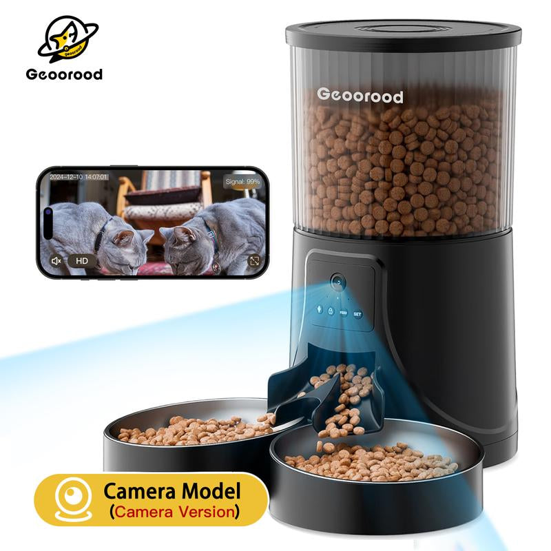 Geoorood Automatic Cat Feeder with Camera, 1080P HD Video, 2.4G Wifi Smart Pet Feeder with One-Way Audio, 4L Large Capacity, Dual Bowl Design for Cats and Small/Medium Dogs